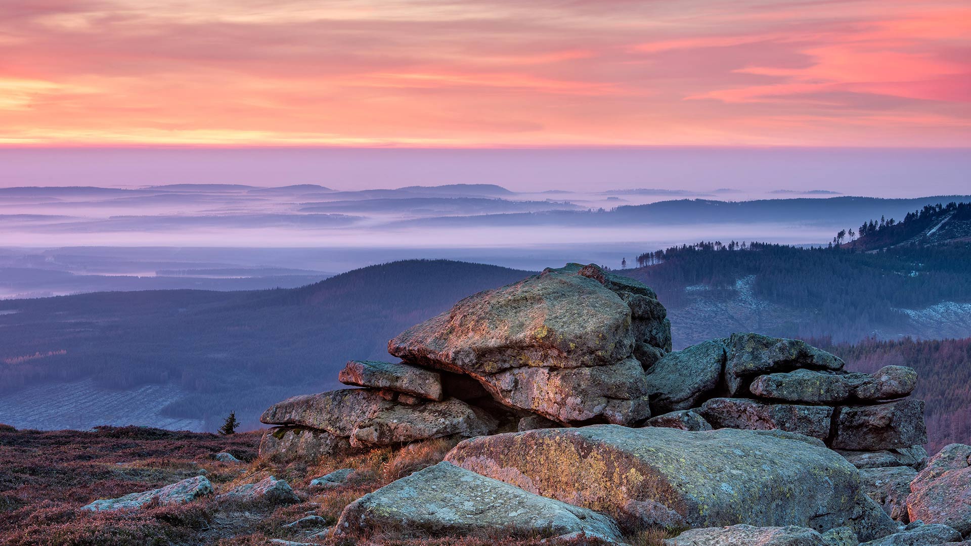 Sonnenaufgang auf dem Brocken, Nationalpark Harz, Sachsen‑Anhalt