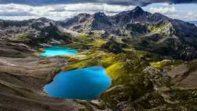 Bright blue lakes and rugged mountains