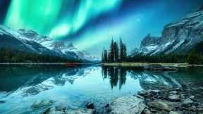 Aurora borealis over Spirit Island on Maligne Lake, Canada