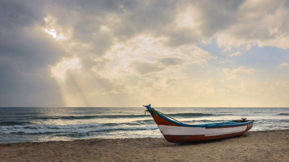Fishing boat on beach in Mamallapuram, Tamil Nadu