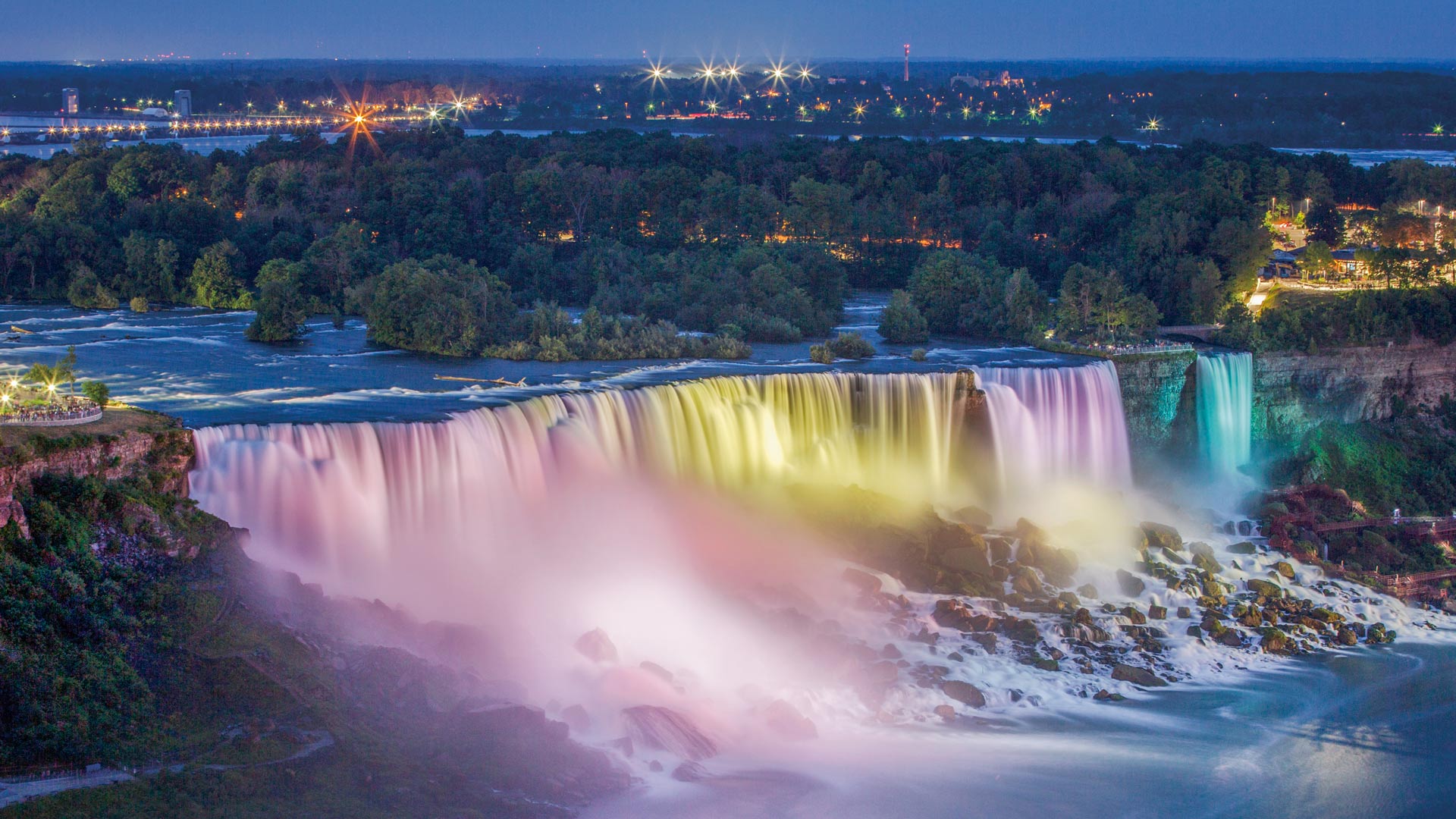 Horseshoe Falls illuminated at night in Niagara Falls, Ontario