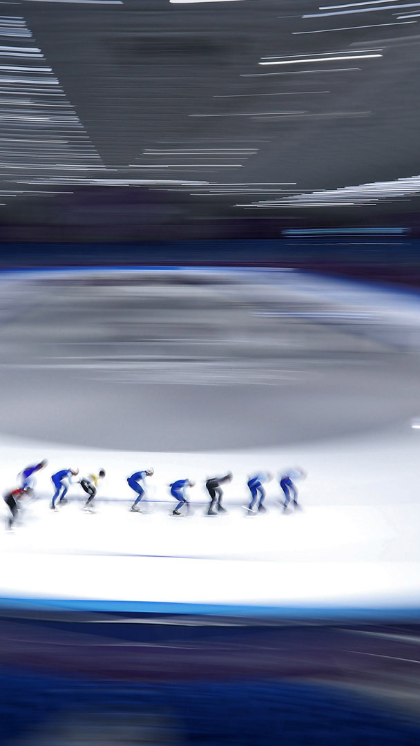Speed skaters in the Gangneung Oval, Pyeongchang, South Korea