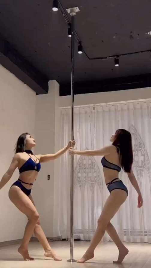 fly together: Pole dance performance by two bikini girls short MP4 video