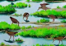 Birds feeding in the pond short MP4 video