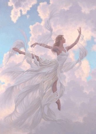 Dancing ballet, white clothes made of white clouds GIF