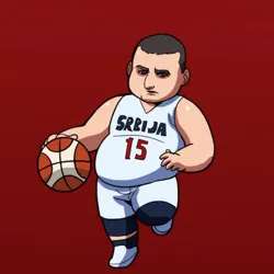 cartoon fat Nikola Jokic play basketball