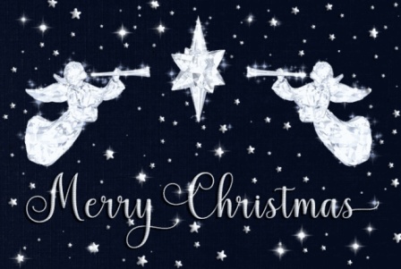 A pair of little angels in white trumpets to announce Christmas GIF