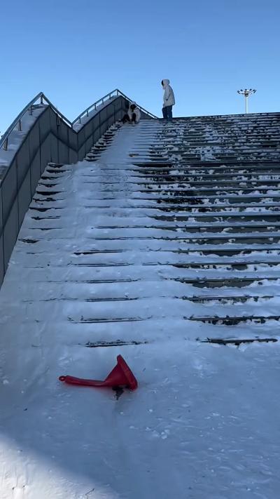 Rolling down the snowy steps