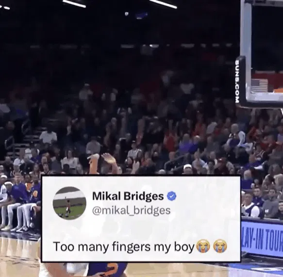 After Towns made a three pointer, he mimicked Mikal Bridges' celebration GIF
