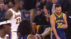 LeBron James and Stephen Curry chatting and laughing short MP4 video