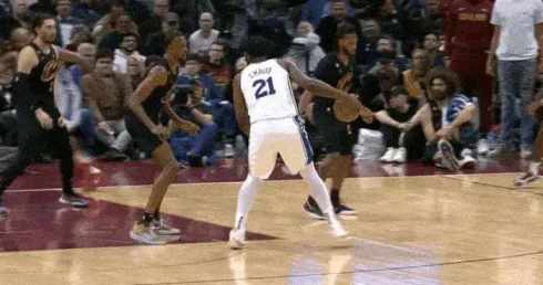 Joel Embiid shakes off the defender and hits the game winning shot. GIF