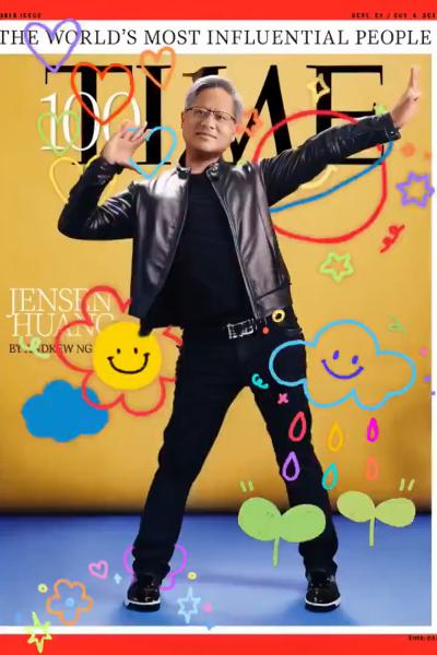Jensen Huang dances in front of Time magazine